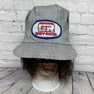 Vintage Train Engineer Conductor Hat Cap White Gray Pinstripes Grey Rock Patch